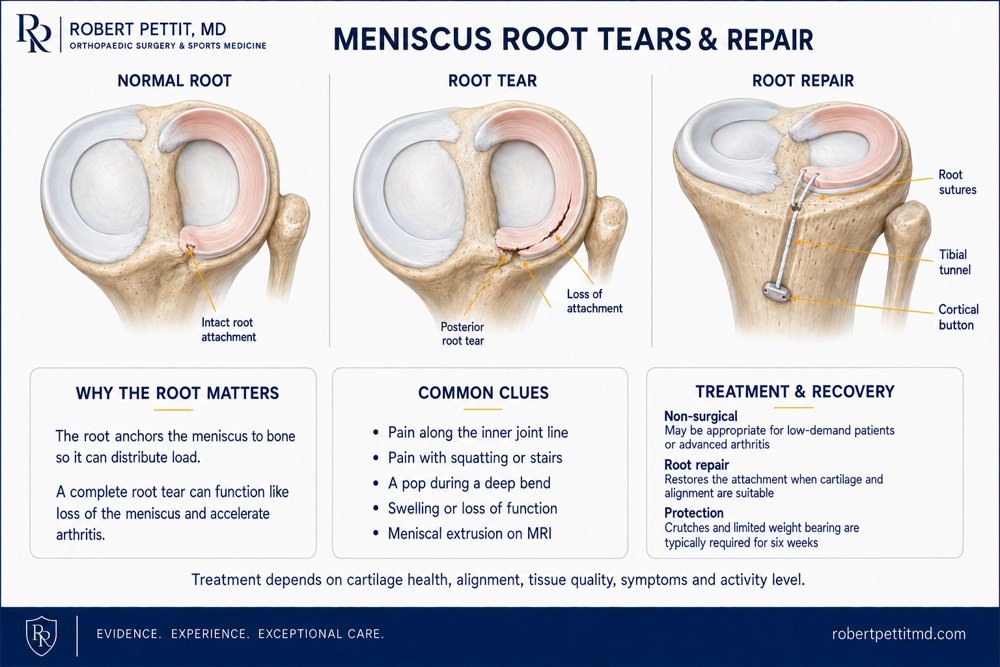 Meniscus root tear and root repair: the torn root is pulled through a tibial tunnel and fixed with a cortical button