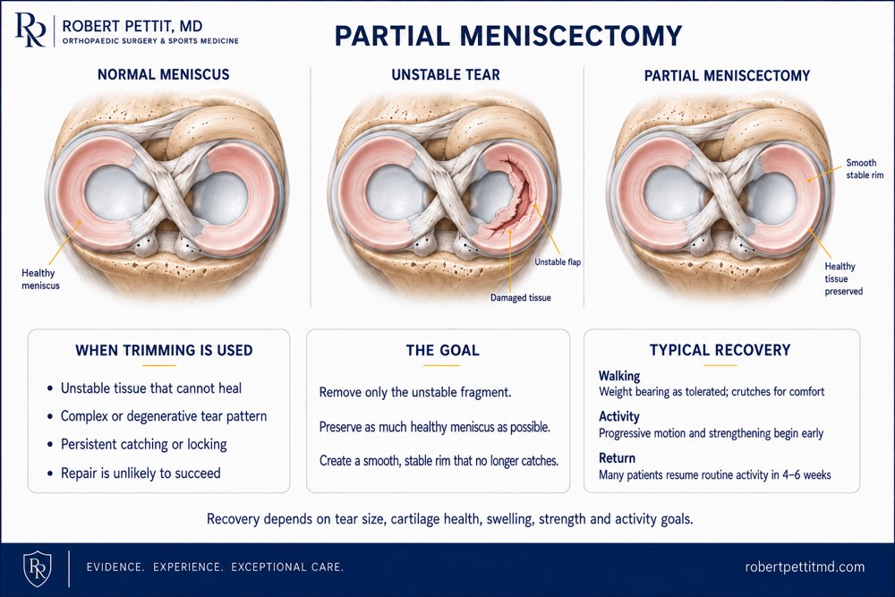 Partial meniscectomy: only the unstable torn fragment is trimmed, leaving a smooth stable rim of healthy meniscus